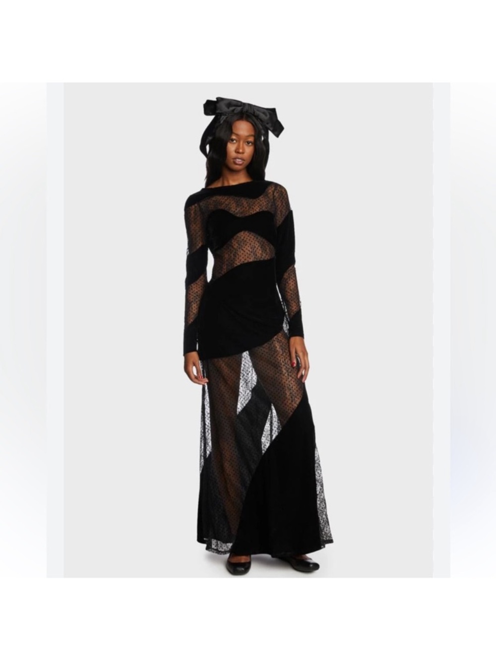 For Love & Lemons Black Sheer Panel Long Sleeve Maxi Dress